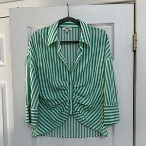 Umgee boutique Green and White Striped Button Down Shirt with gathers sz large
